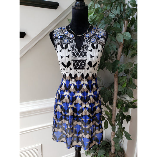 Alfani Knee Length Dress Women's Small Multi Geometric Beaded Sleeveless V Neck