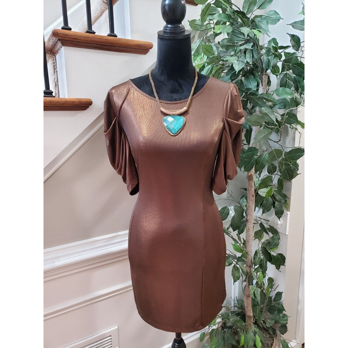 Forever 21 Women's Brown Polyester Round Neck Short Sleeve Knee Length Dress L