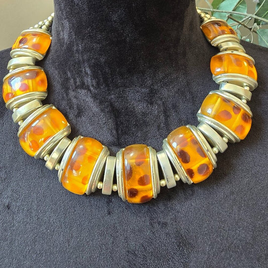 Womens Fashion Amber Molded Acrylic Silver Tone Necklace with Lobster Clasp