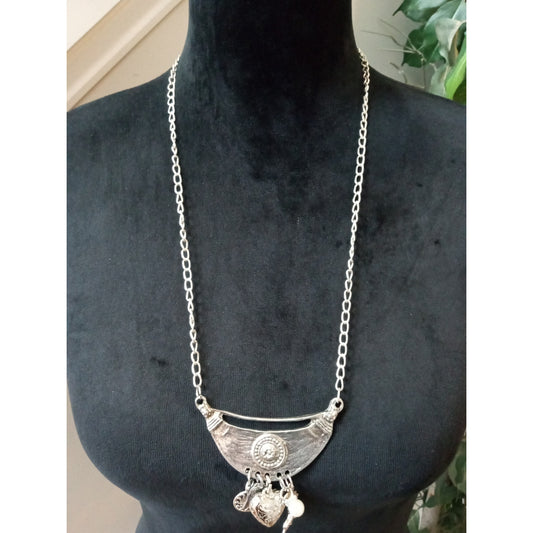 Vintage Silver Tone Tribal Pendant Necklace Boho Ethnic Dangle Charm Statement