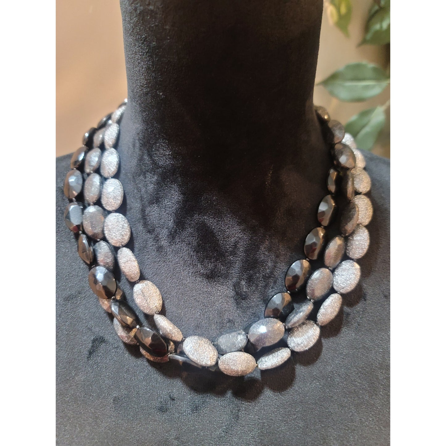 Women's Double Strand Black And Silver Beaded Necklace With Lobster Clasp Lock