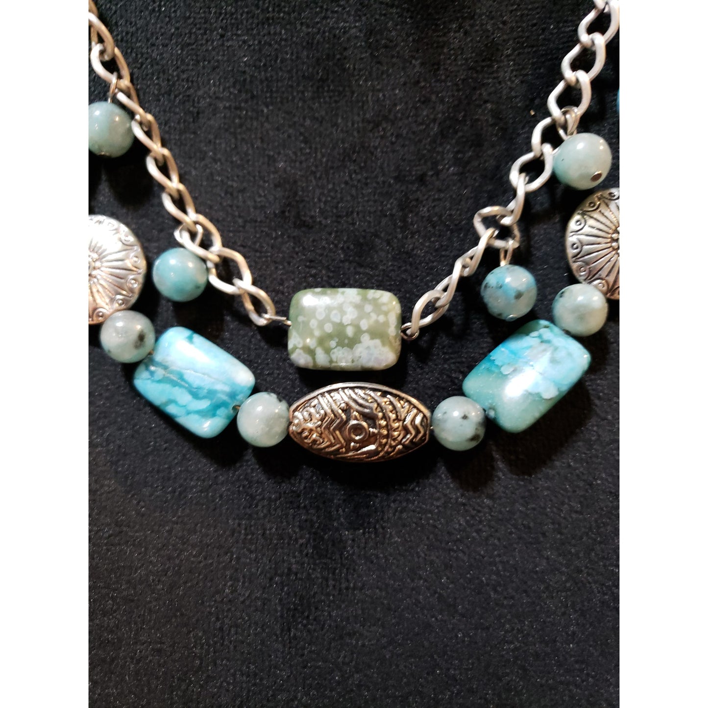 Women Fashion Tribal Terra Agate Amazonite Carved Metal Beads Statement Necklace
