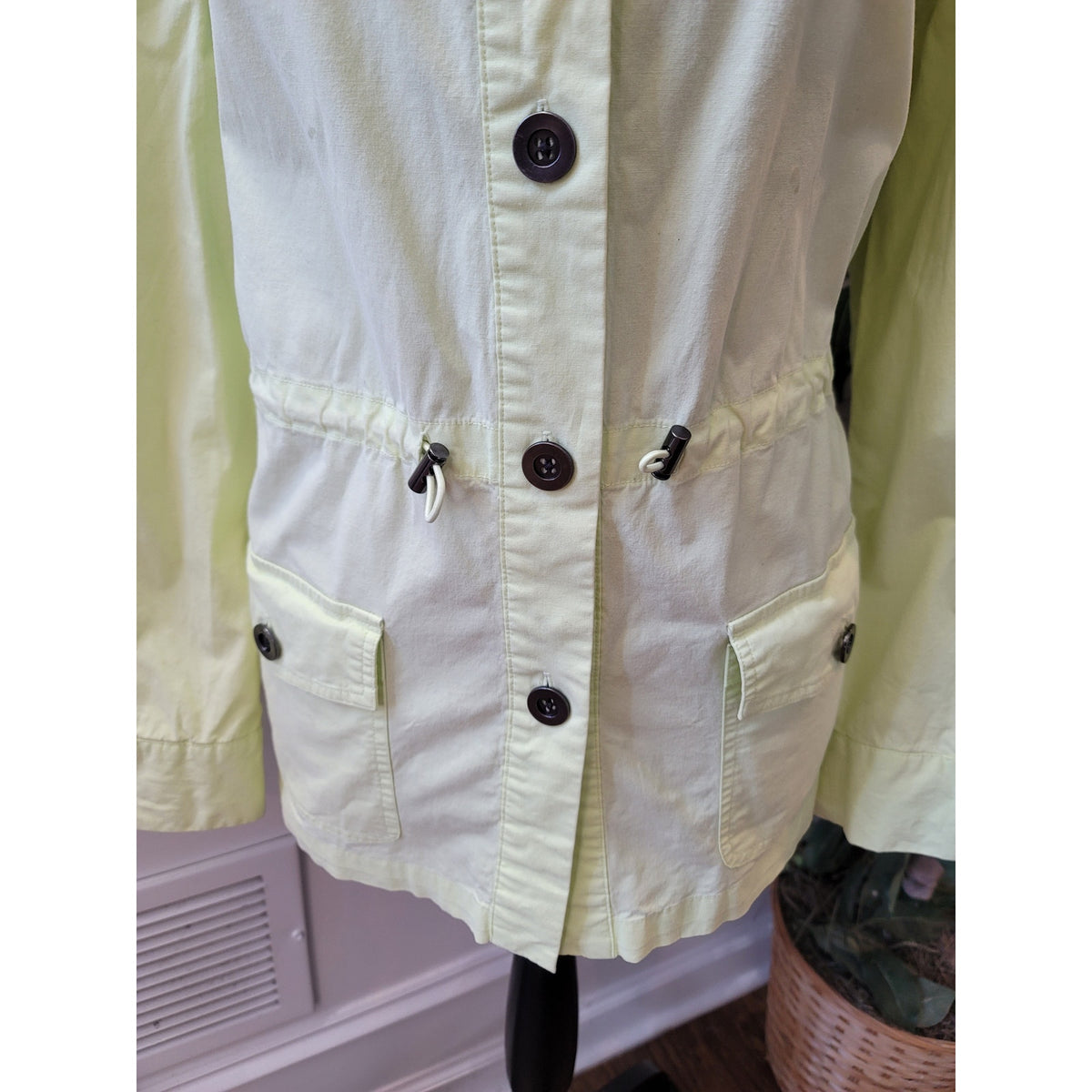 Chico’s Utility Jacket Women's SZ L Lime Green Button Up Flap Pockets Drawstring