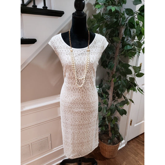R&M Richards Womens White Polyester Round Neck Sleeveless Knee Length Dress 14W