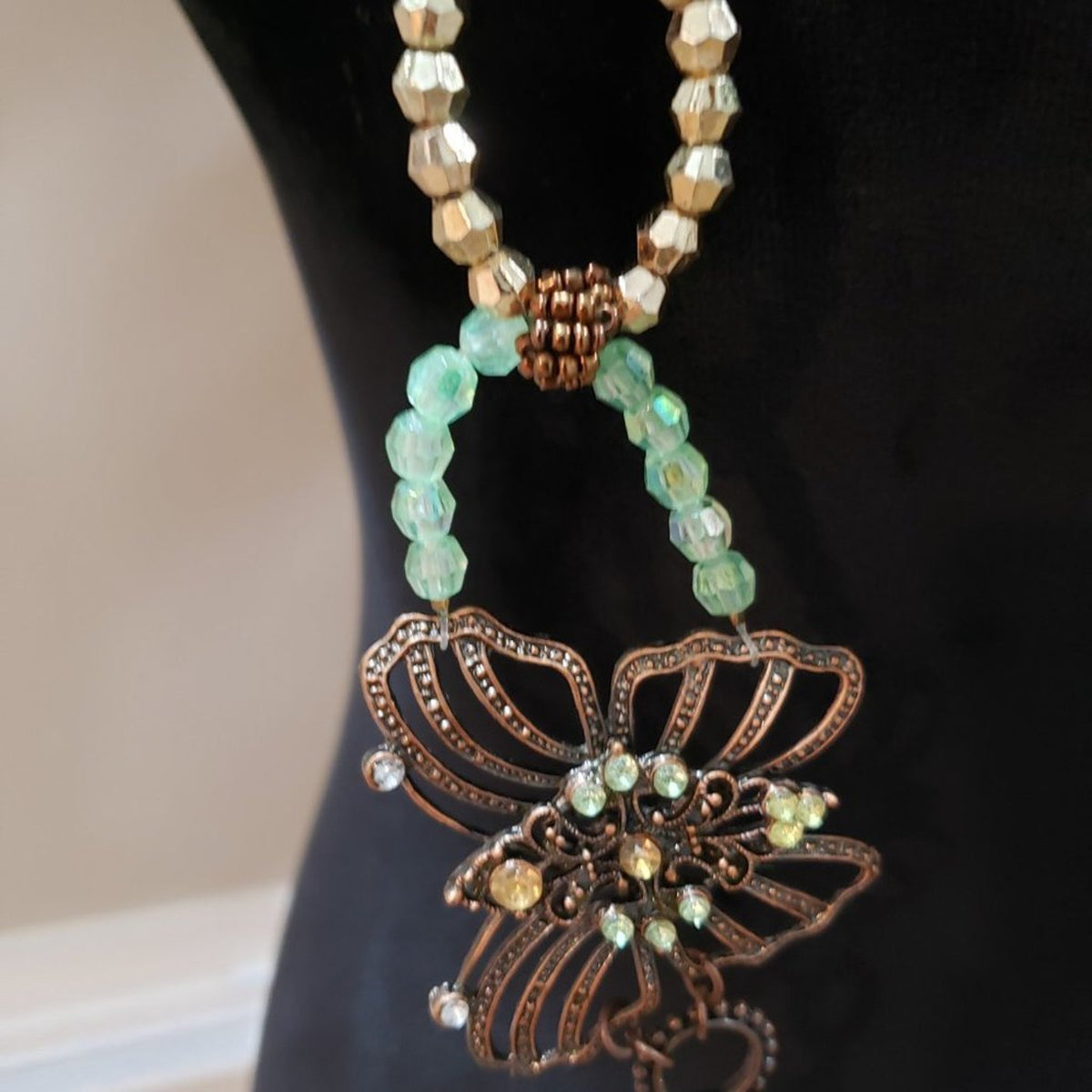 Womens Gold Tone & Blue Beaded Butterfly Statement Fashion Jewellery Necklace