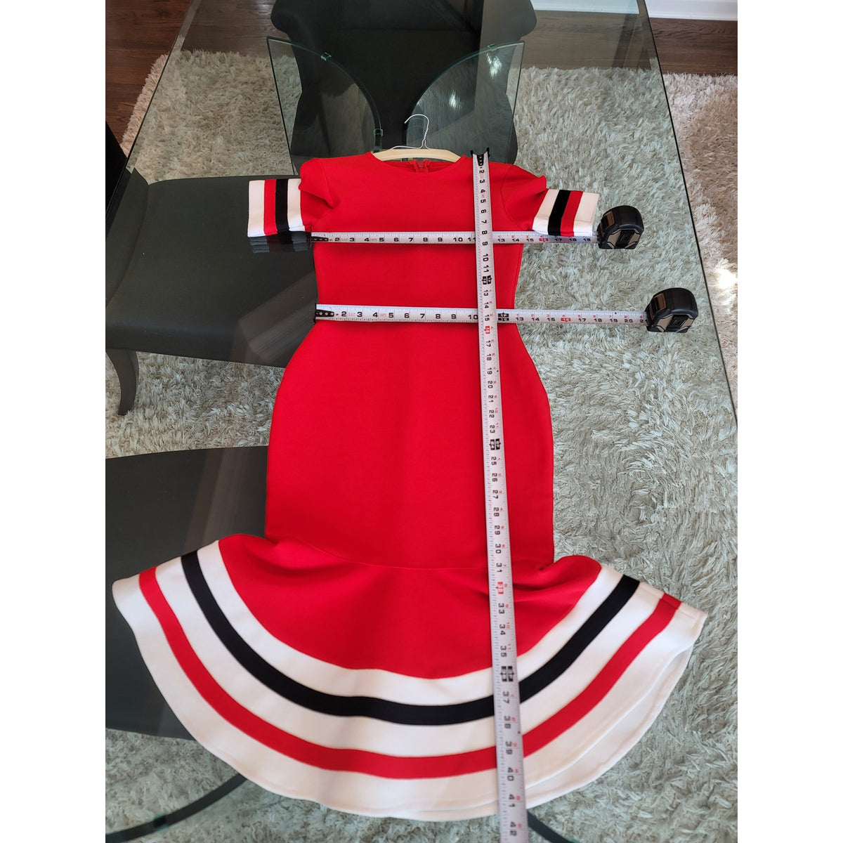 Bodycon Evening Dress Women's Size Medium Red Blue Striped Short Sleeves