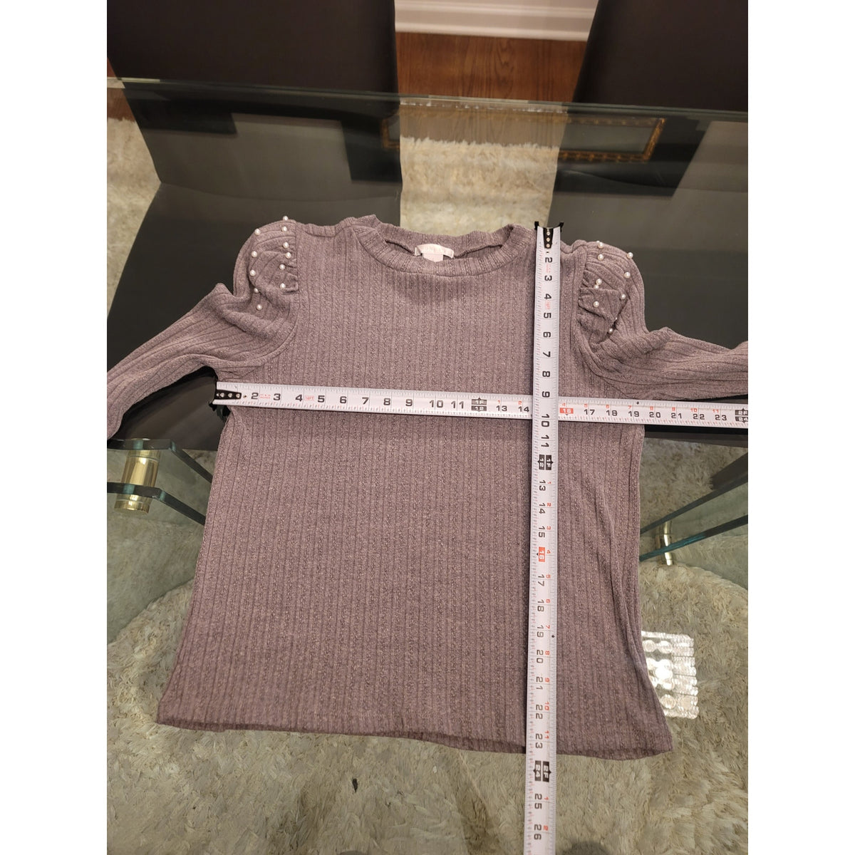 Design History Pullover Sweater Women's Large Gray Pearl Puff Shoulder Crew Neck