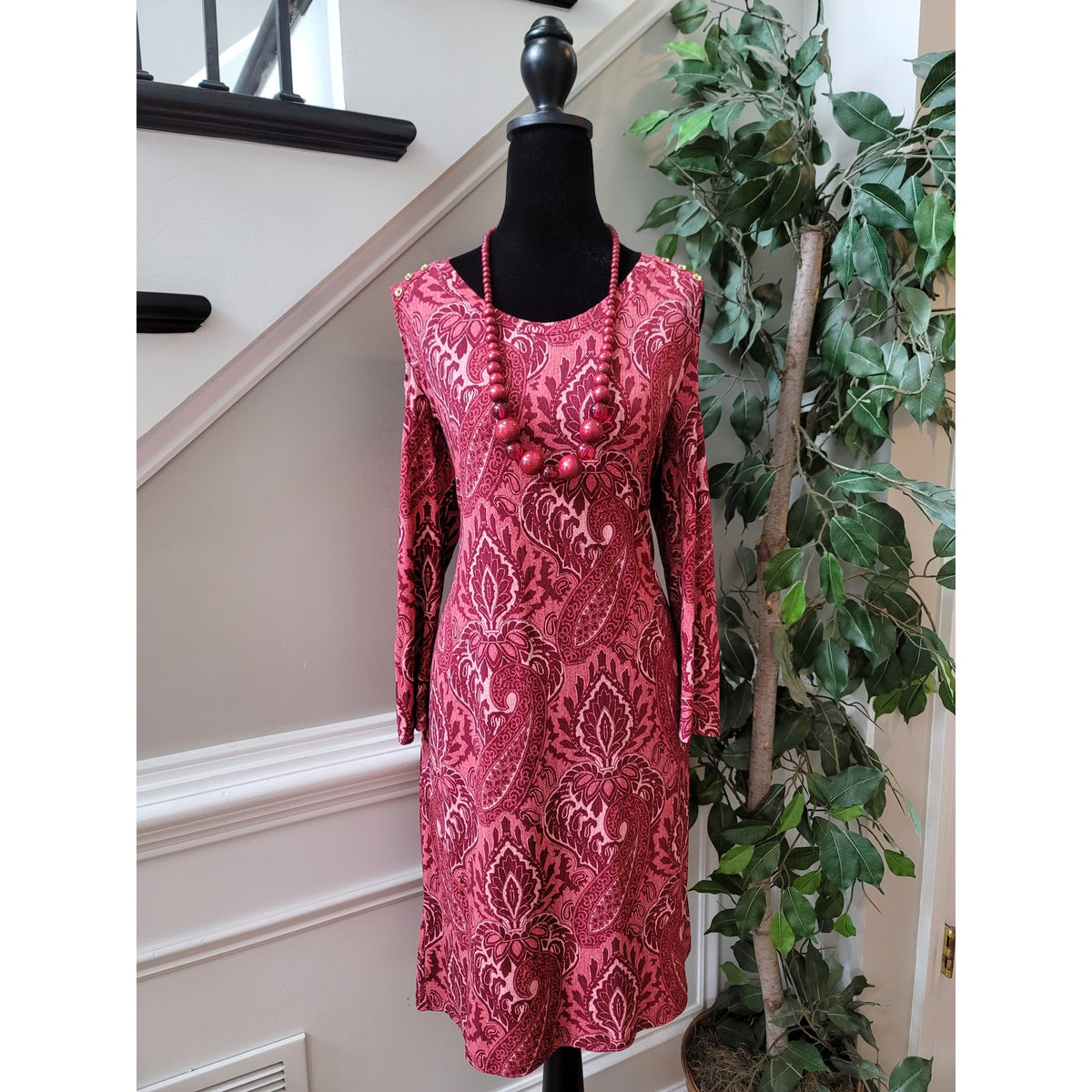 Michael Michael Kors Shirt Dress Women's Large Red Pink Polyester Long Sleeves