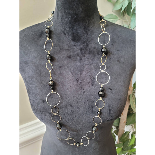 Women's Long Black Beaded Gold Link Necklace Lobster Clasp Fashion Jewelry
