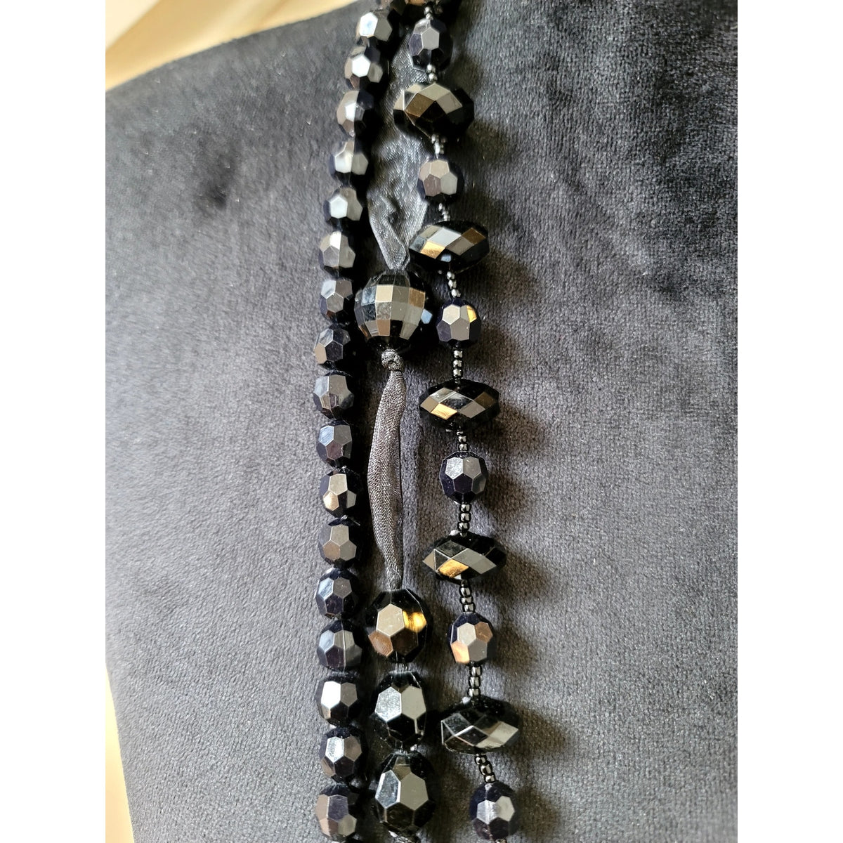 Black Faceted Glass Beaded Multi-Strand Necklace Layered Statement Jewelry