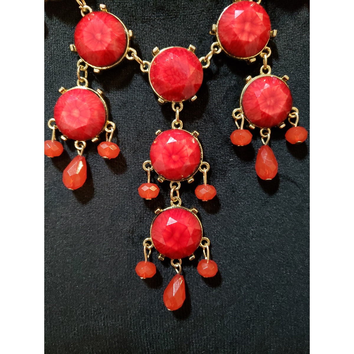 Womens Gold Tone Faceted Red Beads Chandelier Necklace with Lobster Clasp