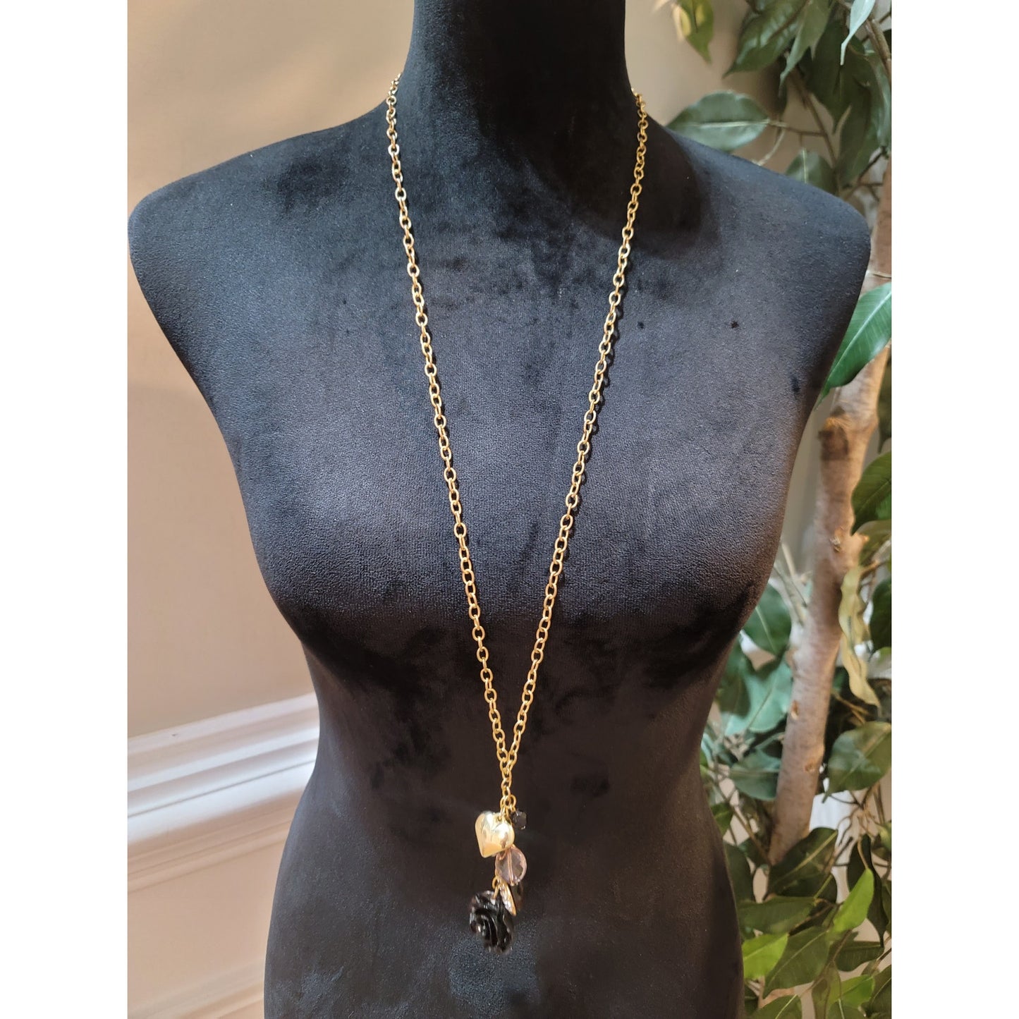 Women's Gold Chain Necklace With Lobster Clasp Black Rose Heart And Bead Charms