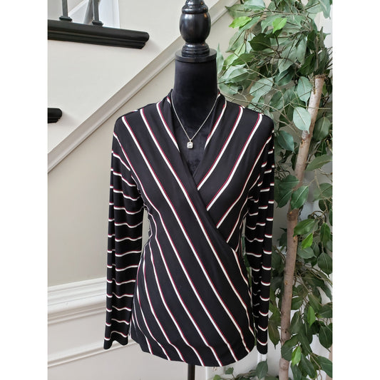 White House Black Market Blouse Top Womens Medium Black Striped Surplice Neck
