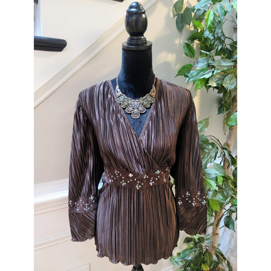 Cato Woman Sequins Lace Blouse Women's Size 18/20W Brown 100% Polyester