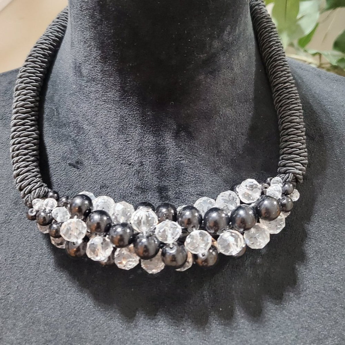 Womens Black Wrapped Crystal Beads Twist Rope Choker Necklace with Lobster Clasp
