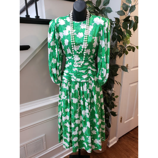 VTG Maxi Dress Women's Small Green Floral Lined Crew Neck Long Sleeve Back Zip