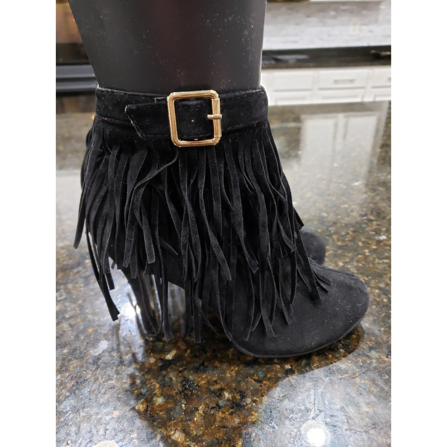 Forever Fringe Booties Women's 7.5 Black Suede Round Toe Stiletto Heel Side Zip