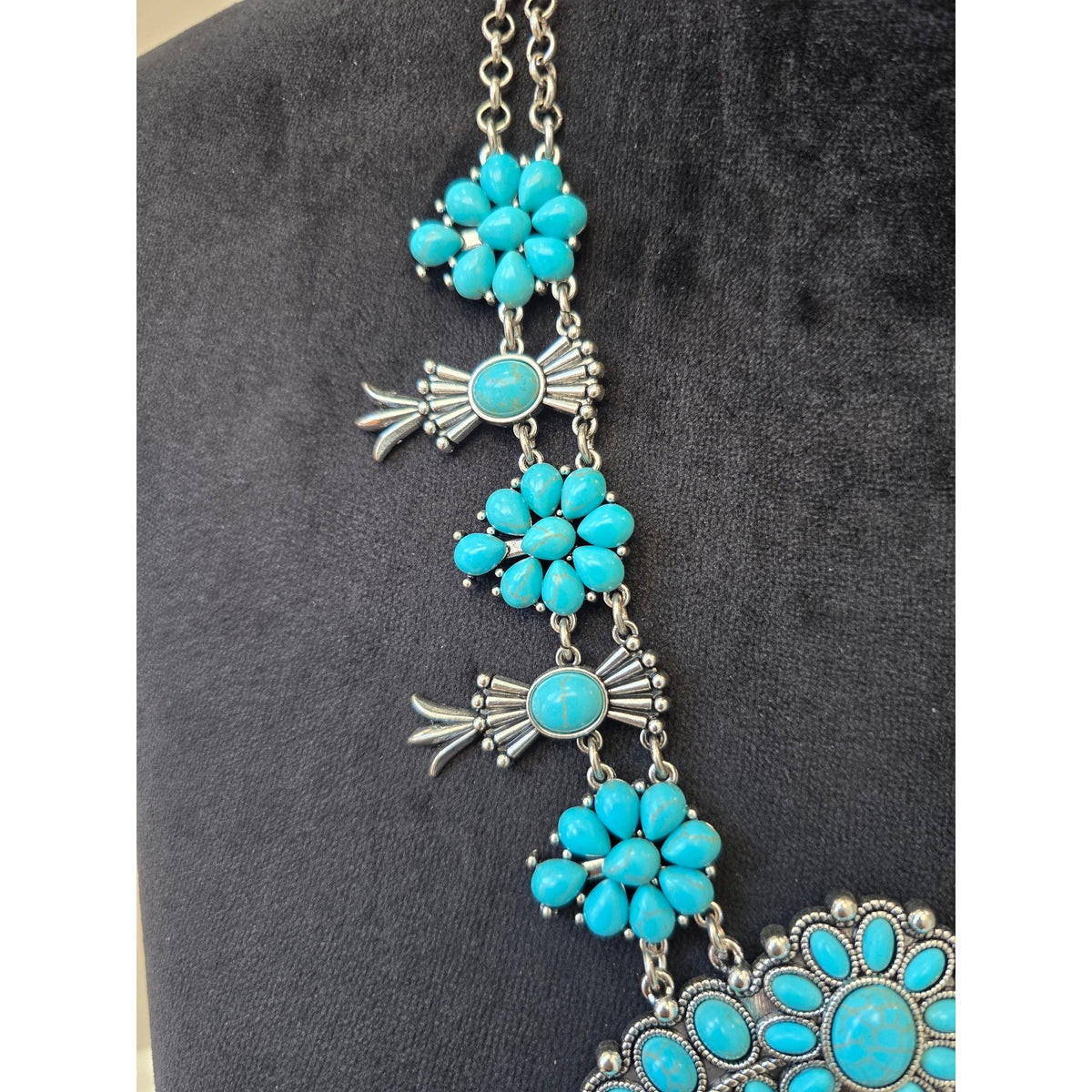 Turquoise Blue Floral Beaded Squash Blossom Style Silver Tone Necklace
