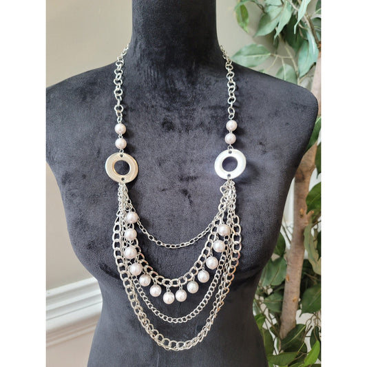 Women's Silver Pearl Chain Necklace with Circular Links and Lobster Clasp