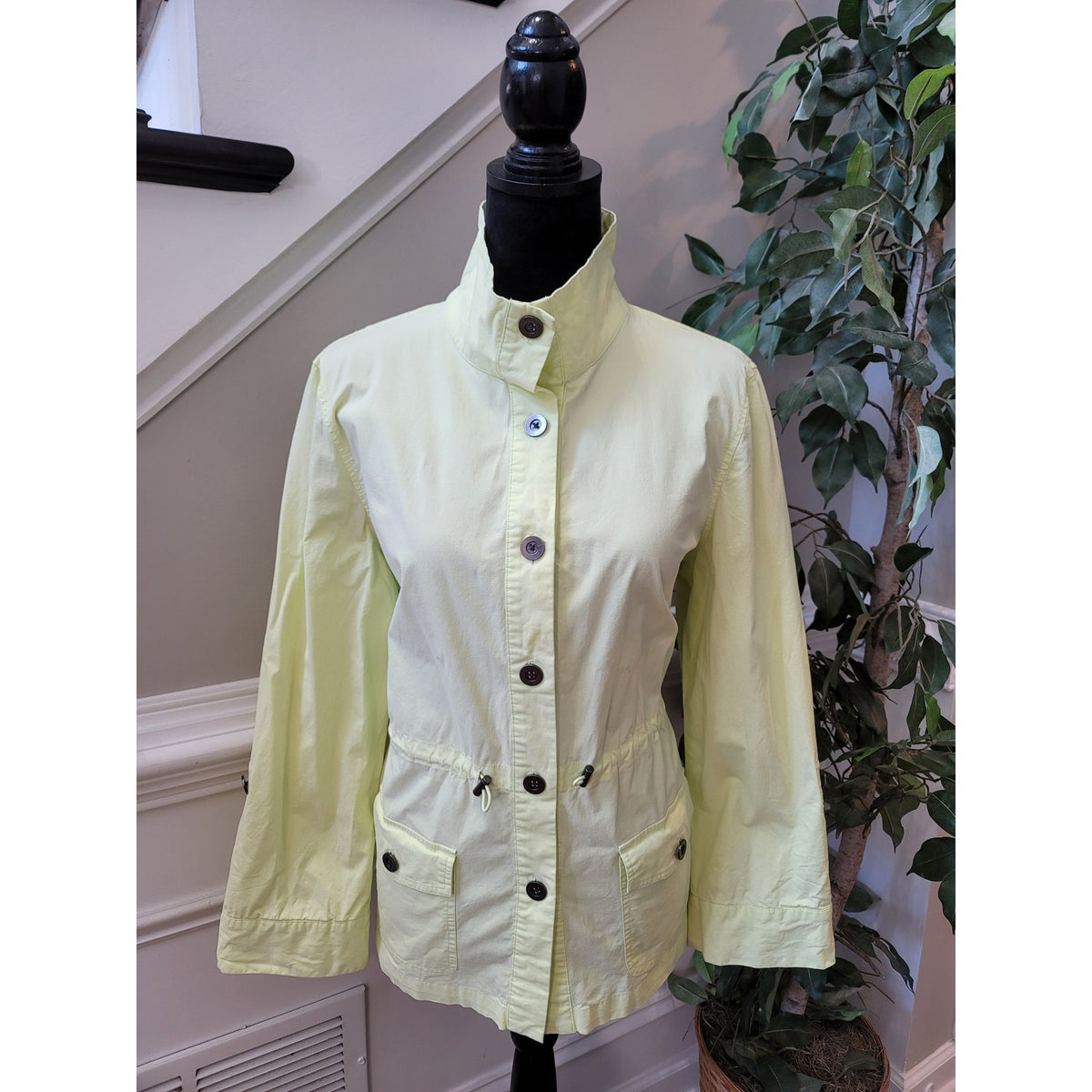 Chico’s Utility Jacket Women's SZ L Lime Green Button Up Flap Pockets Drawstring