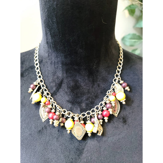 Women's Charm Necklace Yellow Red Beads Antique Coins Lobster Clasp Boho Style