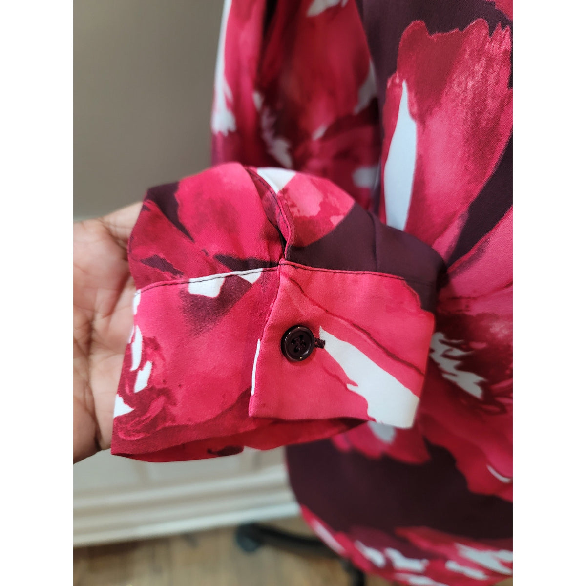 INC International Concepts Top Women's 18 Burgundy Floral V-Neck Zip Up Pullover