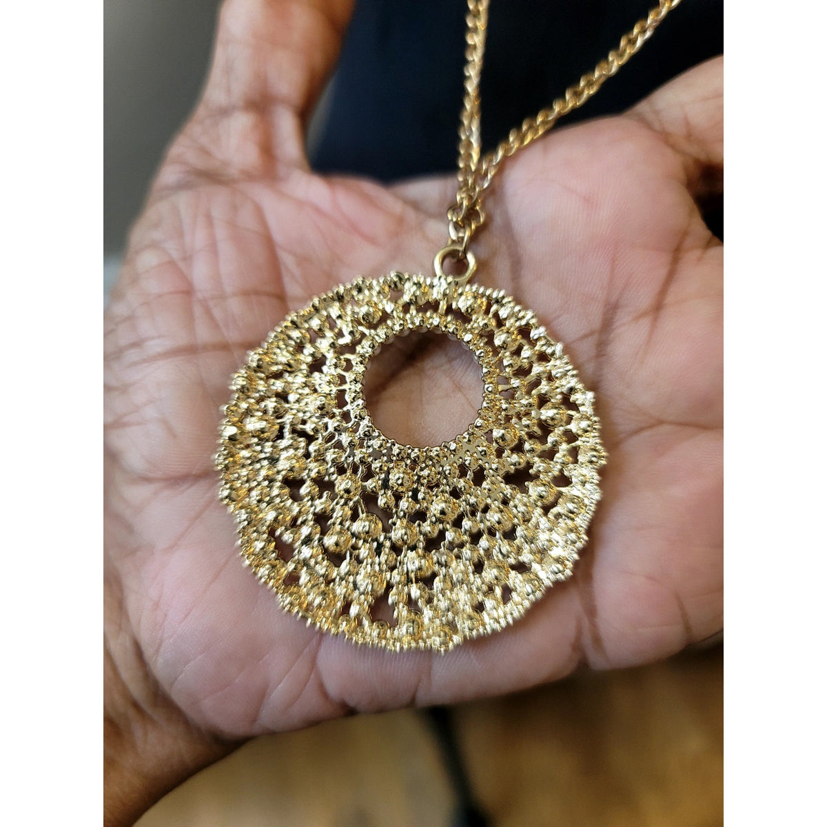 Vintage Gold Tone Long Pendant Necklace White Rhinestone Oval Statement Charm