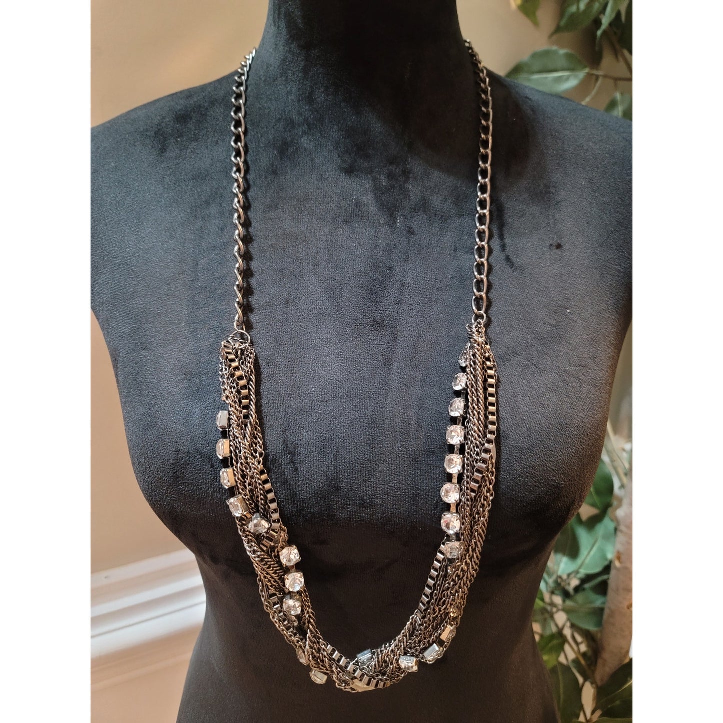 Women's Silver Tone Multi Layer Rhinestone Chain Necklace With Lobster Clasp