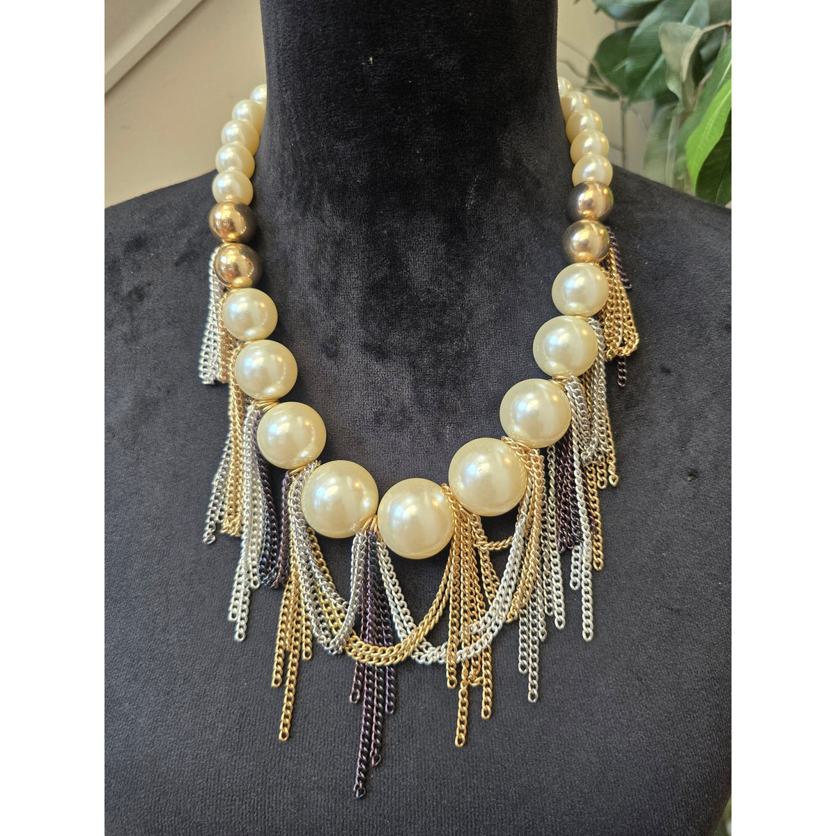 Cream Faux Pearls Beaded Multi-tone Tassel Chain Fringe Statement Necklace