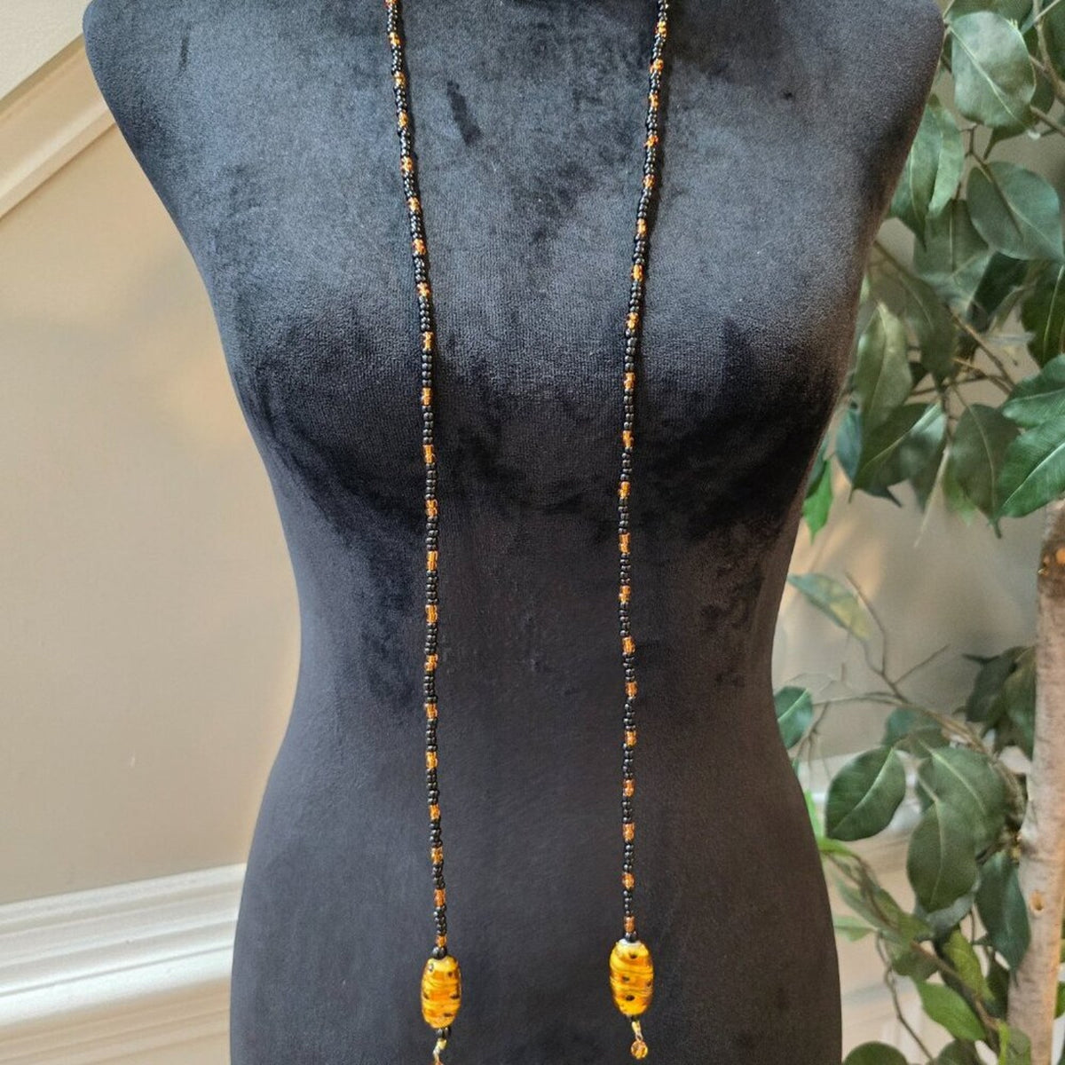 Womens Black Glass Seed & Baltic Amber Beads Adjustable Hallie Lariat Necklace