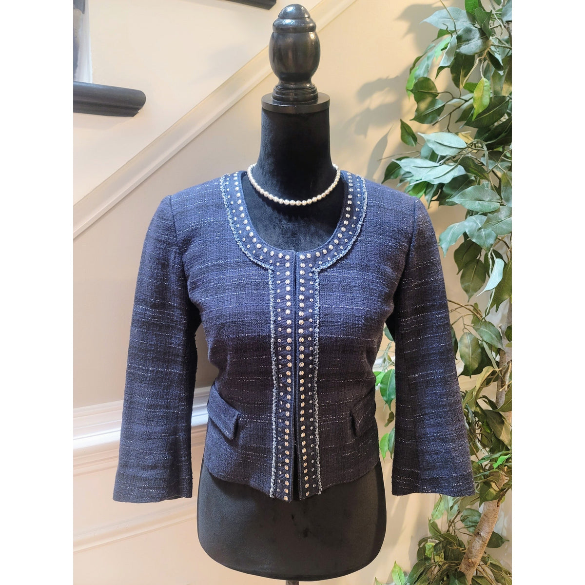Loft Ann Taylor Blazer Jacket Women's SZ 8 Navy Blue Studded Frayed Faux Pockets