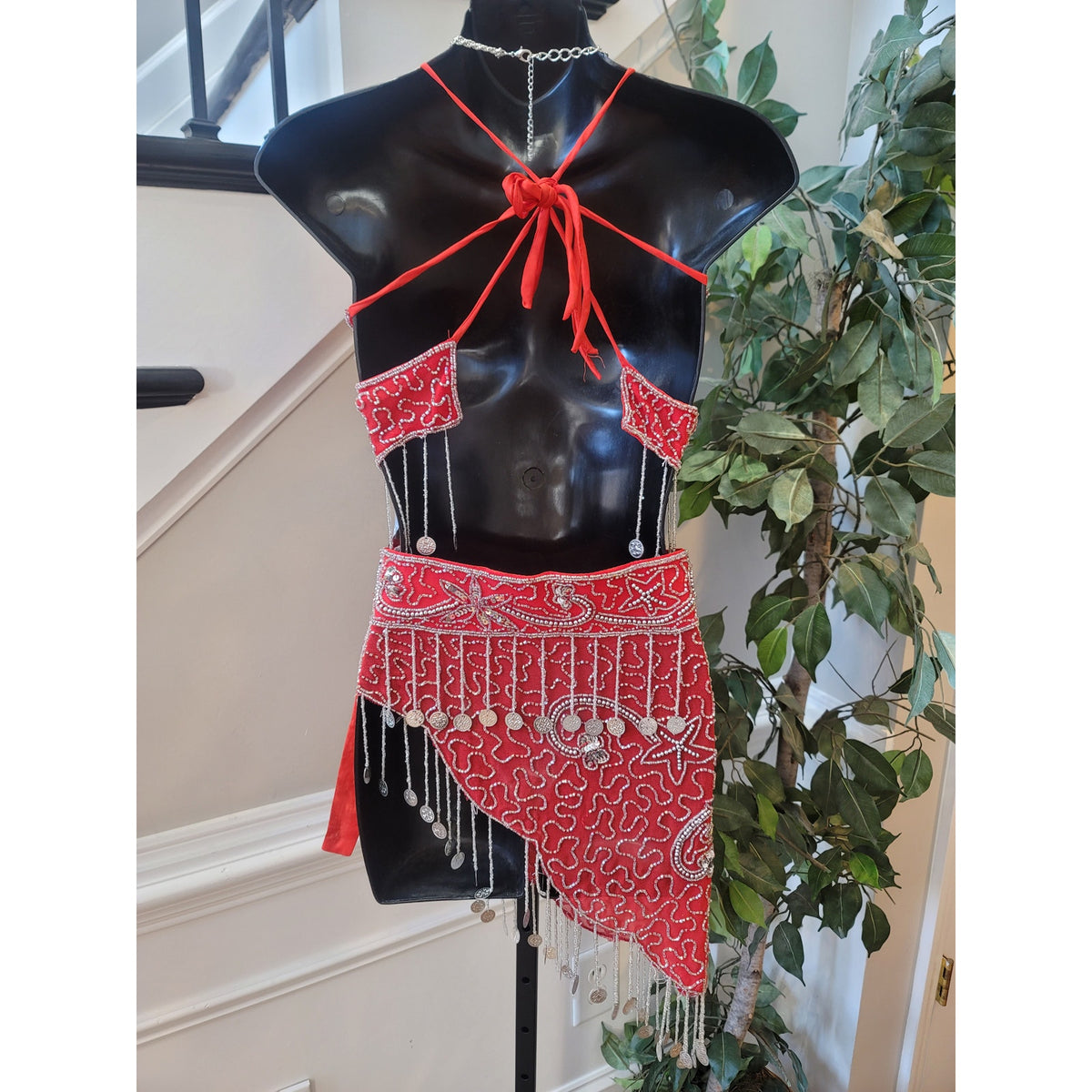 Custom Belly Dance Costume Large Red Halter Top Open Back Coin Skirt Padded Bra