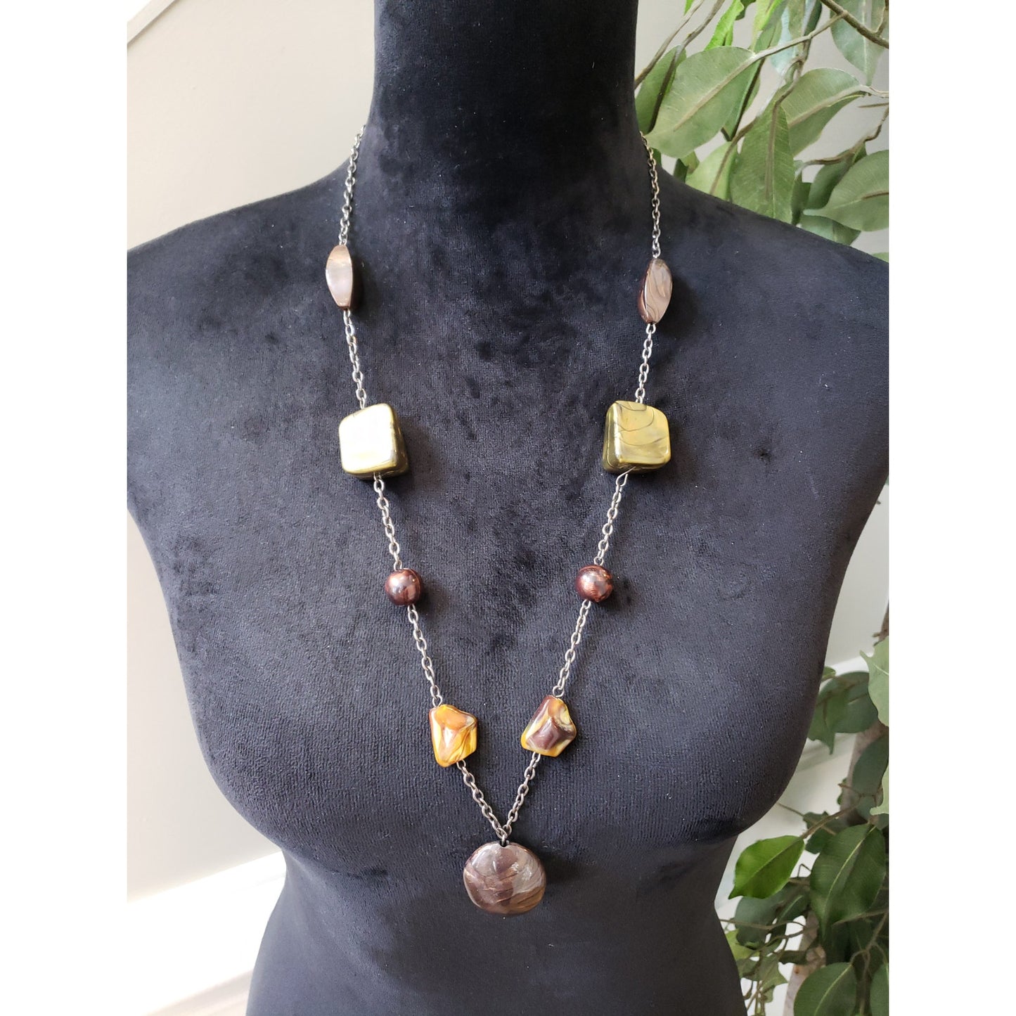 Womens Fashion Retro Style Abalone Shell Faux Beads Station Necklace Jewelry