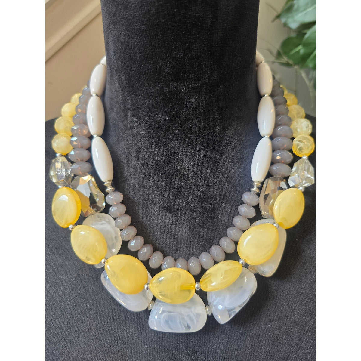 Chunky Yellow Gray White Multi Strand Beaded Statement Necklace