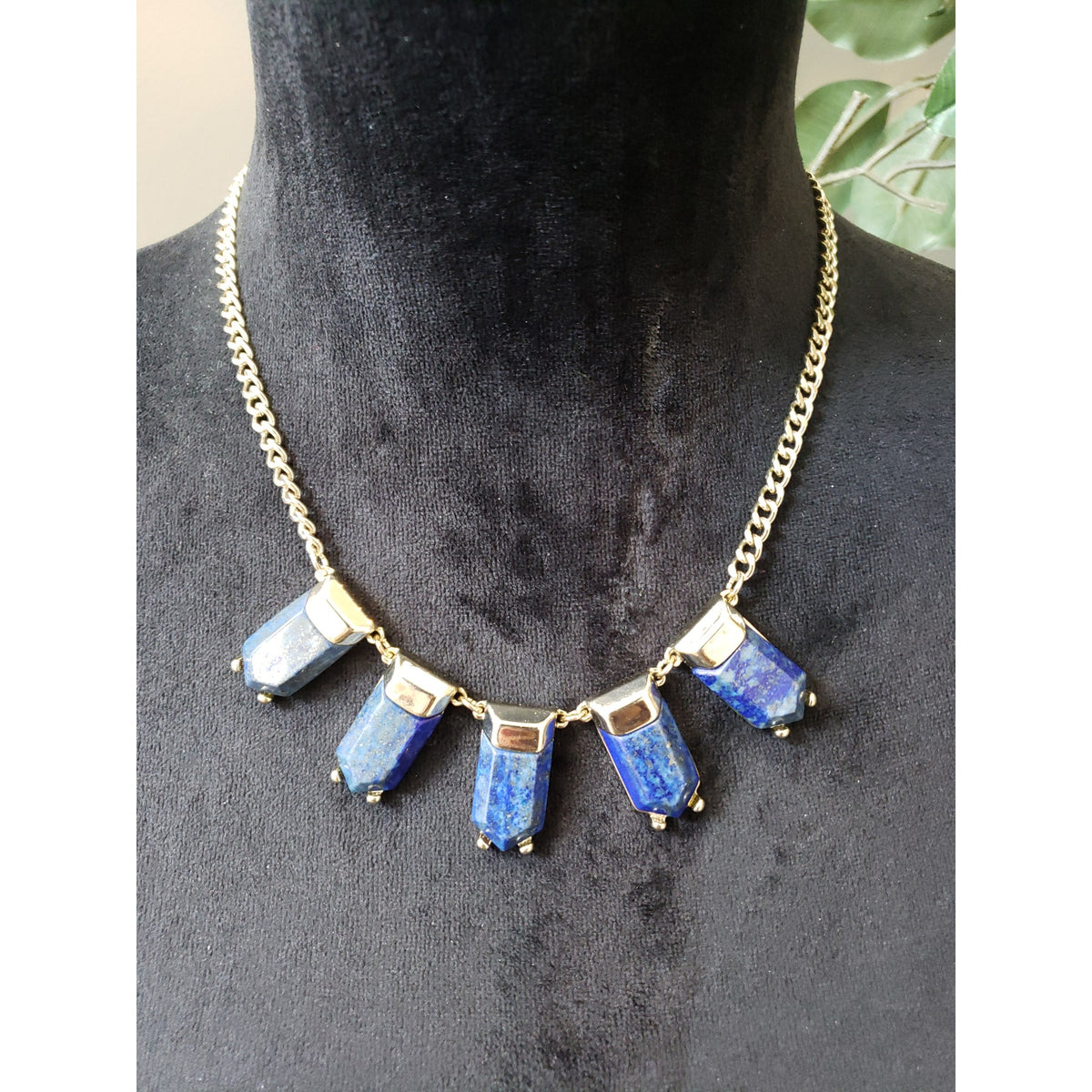 Vintage Lapis Blue Gold Tone Necklace Geometric Stone Link Chain Statement