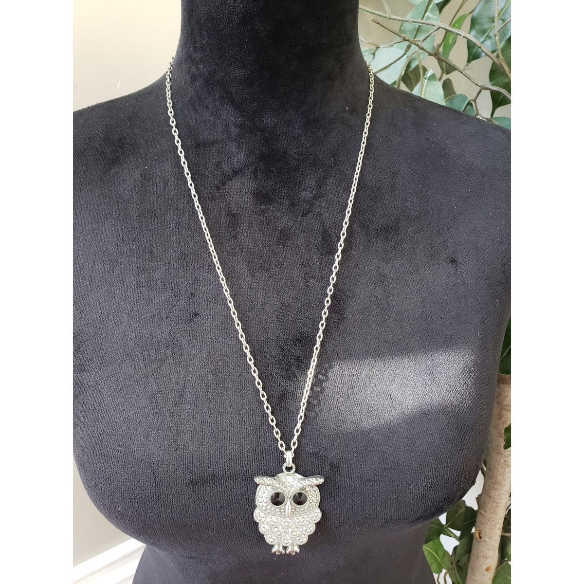 Womens Silver Owl Pendant Black Rhinestone Owl & Animal  Lover Gift Necklace
