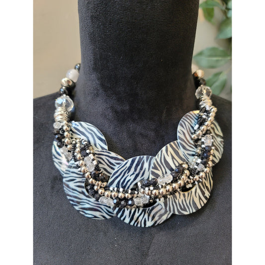 Women's Zebra Print Disc Necklace With Beads And Lobster Claw Clasp Bold Style