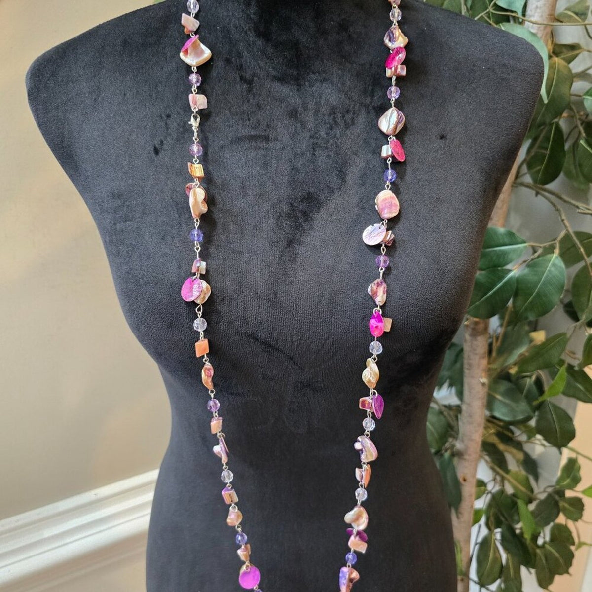 Women Fashion Multicolor Mother of Pearl Beads Crystal Long Necklace Jewelry