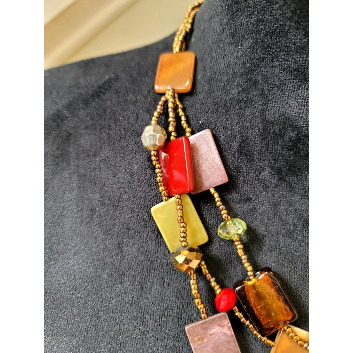 Multicolor Square Beaded Multi-Strand Necklace Chunky Boho Statement Jewelry