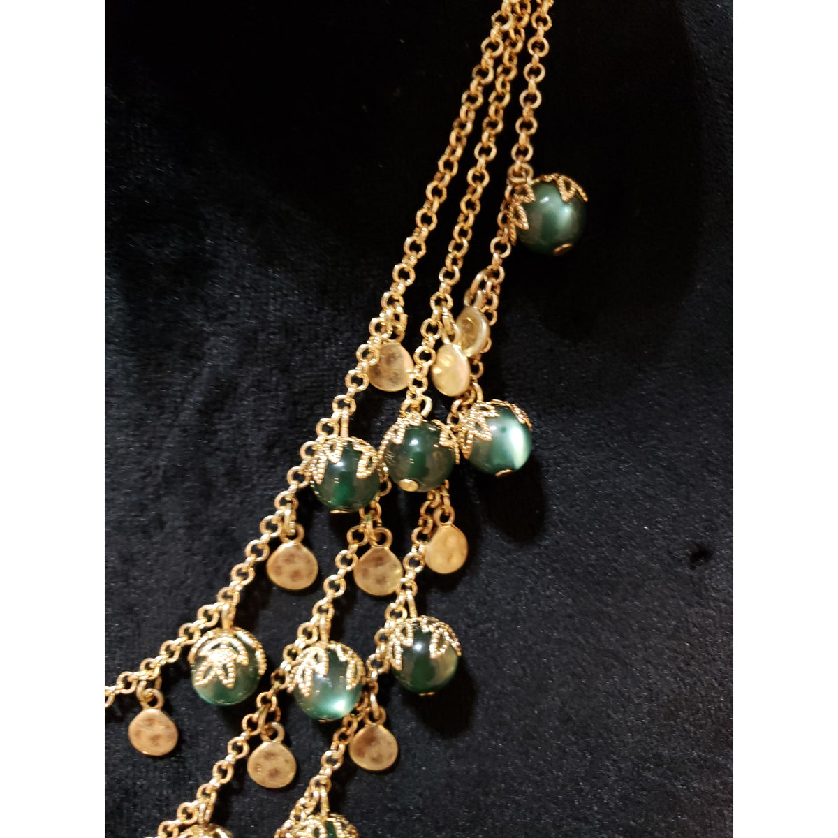 Women Gold Tone 3 Strand Olive Faux Pearls Coins Drop Statement Necklace Jewelry