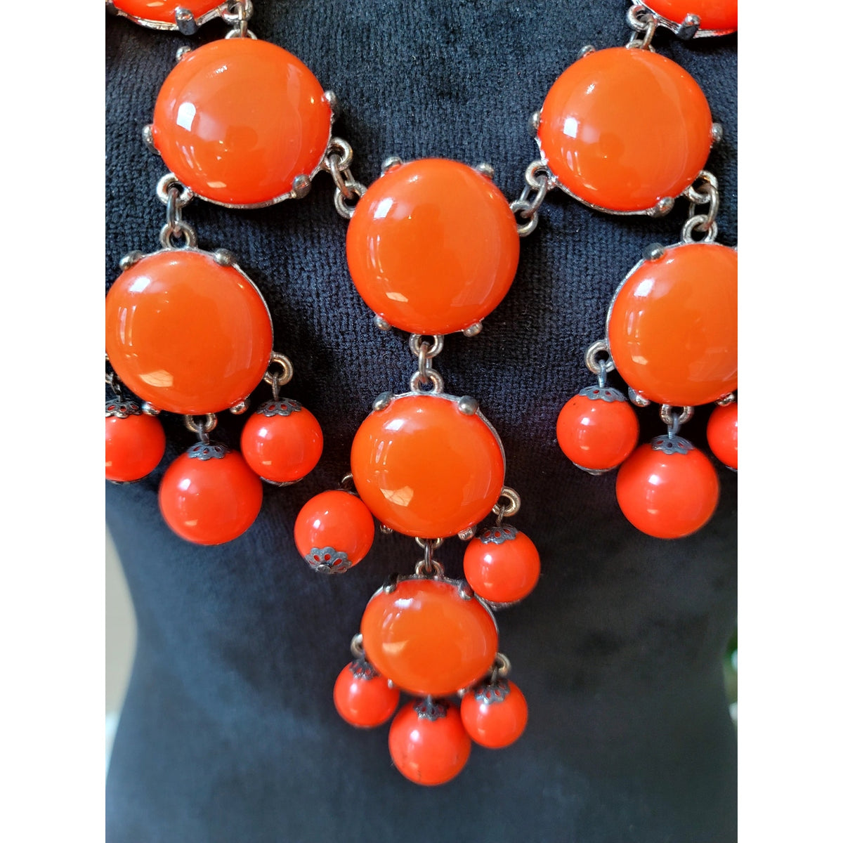 Orange Bubble Bead Statement Necklace Chunky Bib Gold Tone Fashion Jewelry