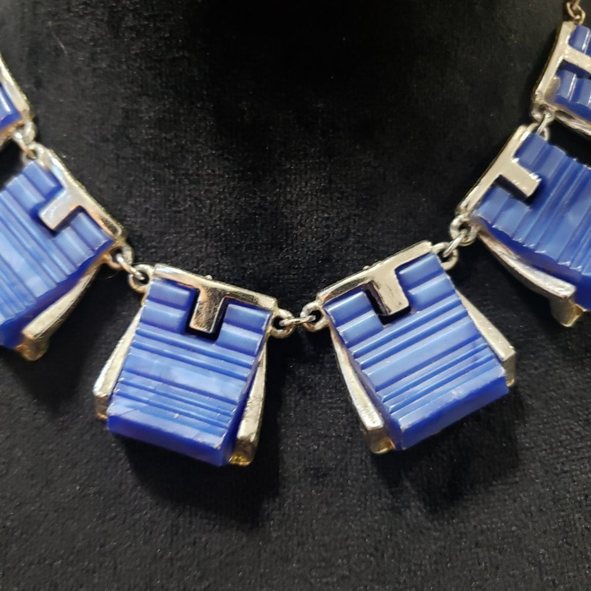 Women Fashion Gold & Blue Tone Geometric Shape Link Chain Choker Necklace