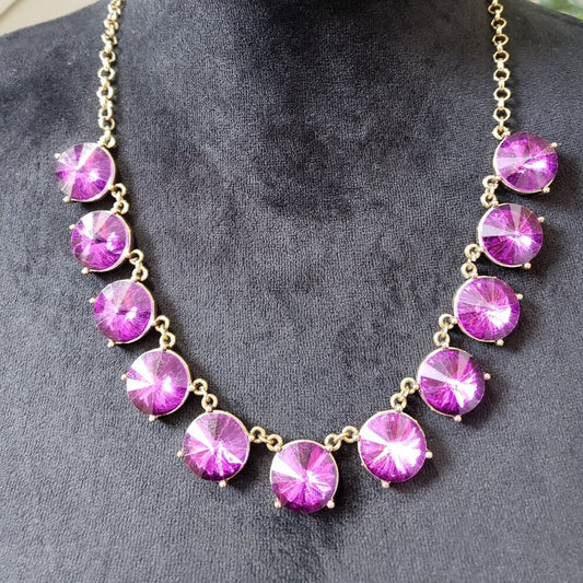 Women's Fashion Gold Tone Purple Cushion Cut Crystal Necklace with Lobster Clasp