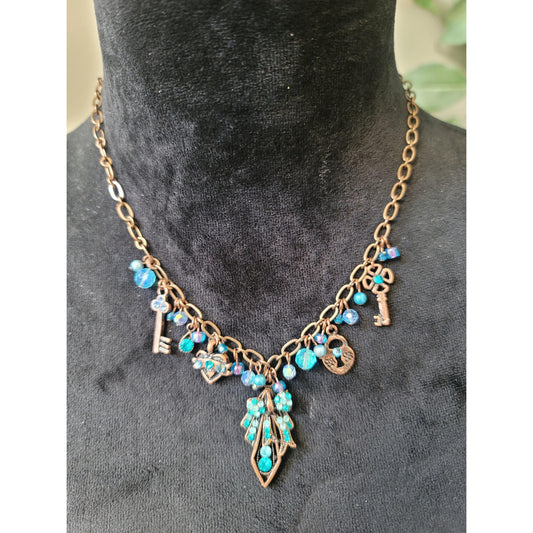 Women's Vintage Bronze Lobster Clasp Key Lock Blue Crystal Charm Necklace