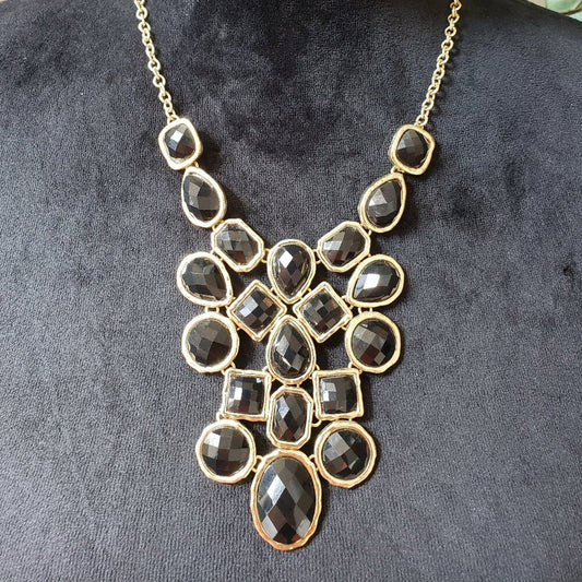 Womens Fashion Gold Plated Black Faceted Stone Bib Cluster Necklace with Lobster