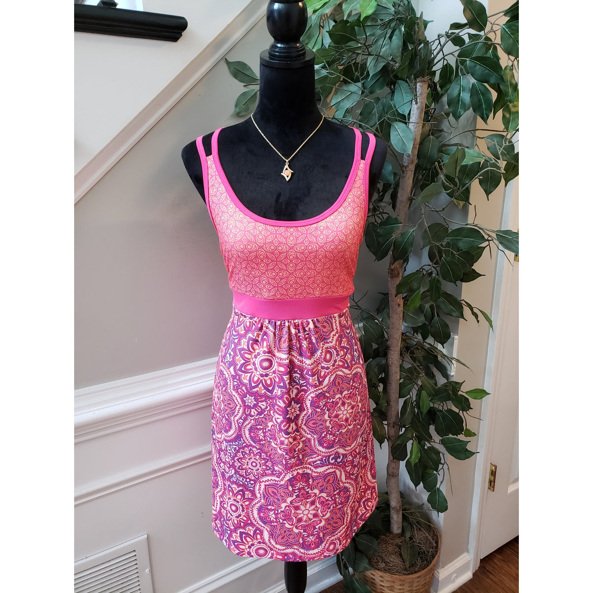 Tehama Tank Dress Women Medium Pink Purple Floral Cross Back Strap Empire Waist