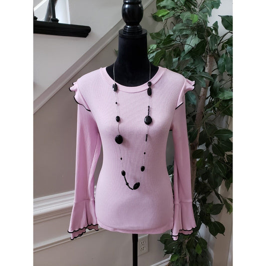 Haute Monde Women's Pink Striped Polyester Round Neck Long Sleeve Top Blouse S