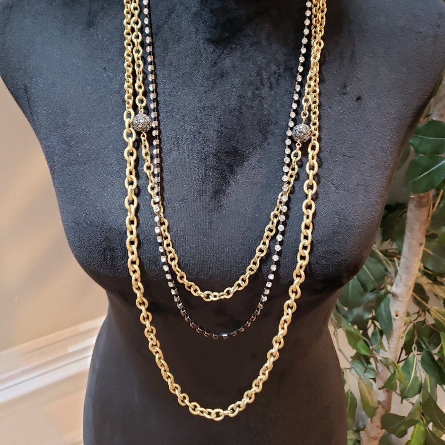 Womens Gold Tone 3 Layer Chain Crystal Statement Necklace with Lobster Clasp