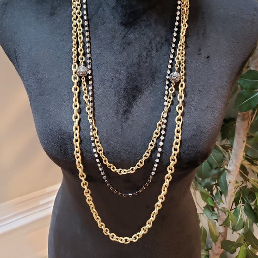 Womens Gold Tone 3 Layer Chain Crystal Statement Necklace with Lobster Clasp
