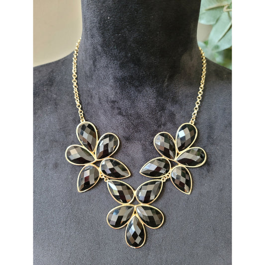 Women's Black Gemstone Flower Statement Necklace With Gold Chain Lobster Clasp